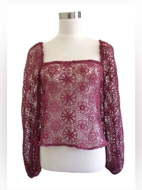 JustFab Floral Lace Puff Sleeve Square Neck See Through Red Pink Women’s XL EUC